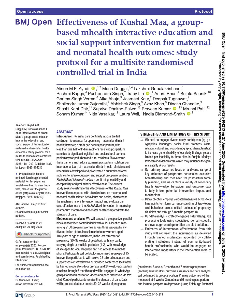 SangathIndia's tweet image. @SangathIndia's KushalMaa - first protocol paper published in @BMJ_Open
The paper explores – scope and limitations of #digitalhealth intervention specifically designed to improve #postpartum care for mothers and new-born babies.
🔗Read the paper here: sangath.in/resource