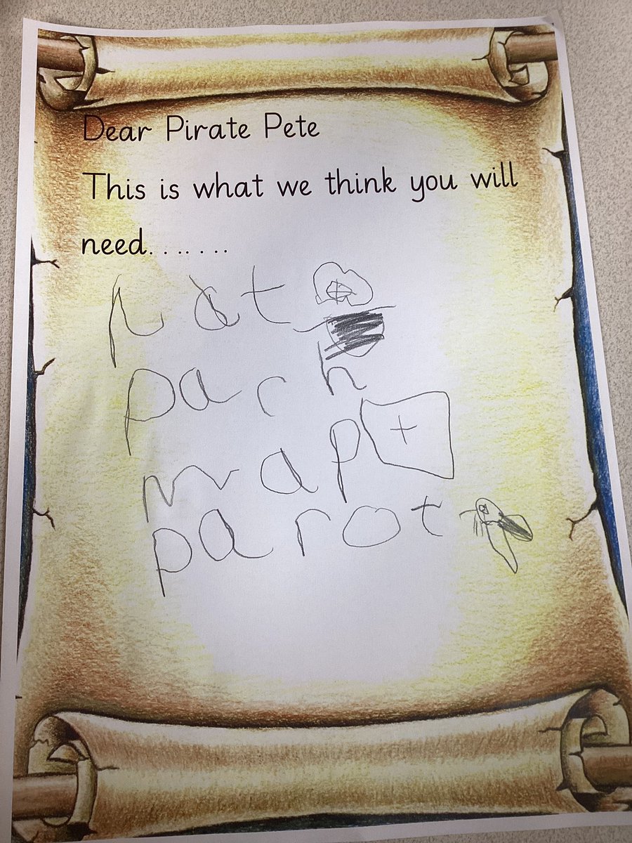 StGerardsBham's tweet image. Yo ho ho. Today Nursery are being pirates!!
We have been thinking about what Pirate Pete might need. We have been using our knowledge of letters and sounds to write a list for him. #StGerEng #StGerEYFS