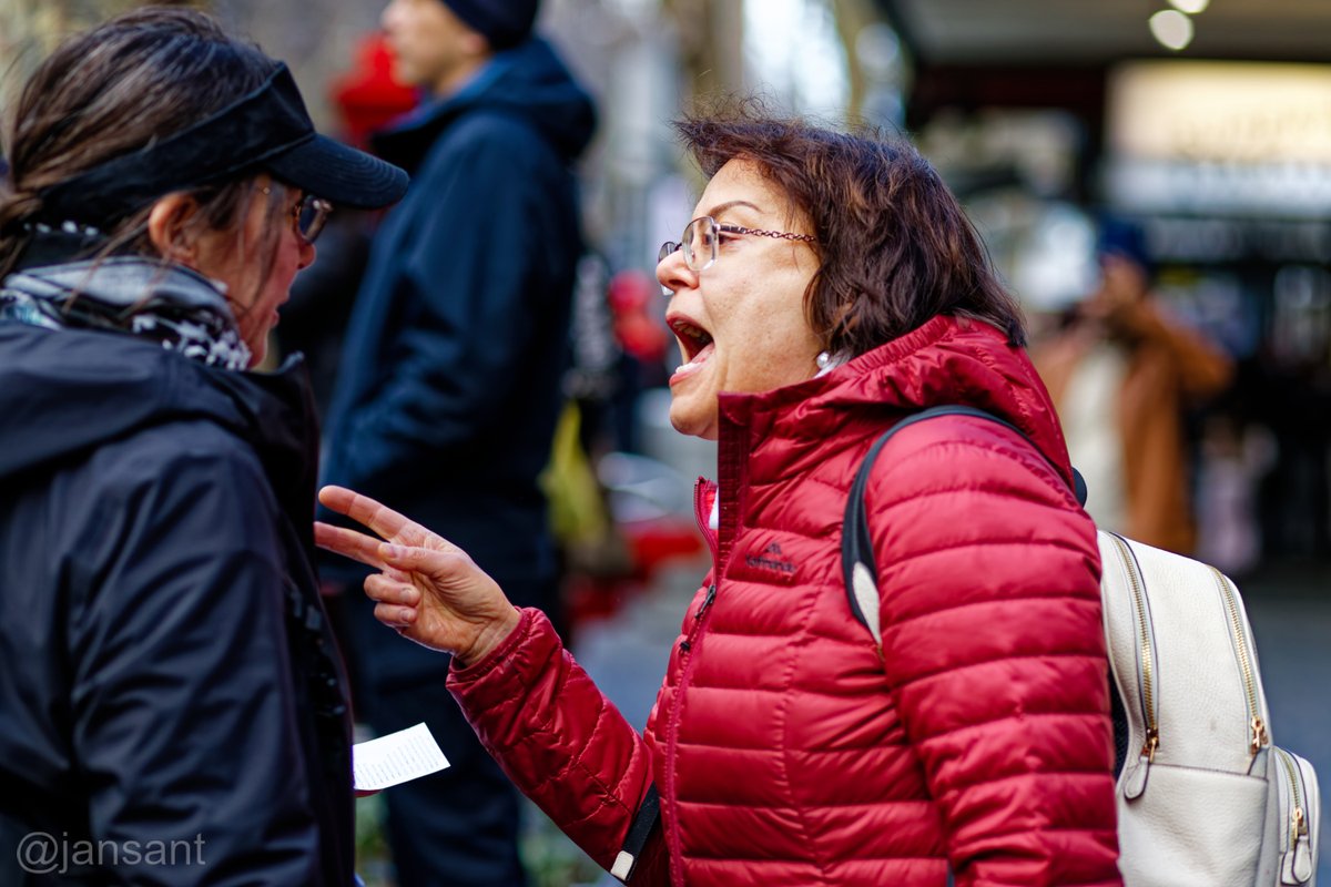 Jansant's tweet image. Zionist yelling at anti-genocide protestor: 'lying about Israel'.
Zionist abused me for taking photos. Third photo was moment she decided to go at me a second time. Zionist grabbed for my camera at which point police grabbed her. Cop asked if I was okay. Naarm.
#auspol #springst