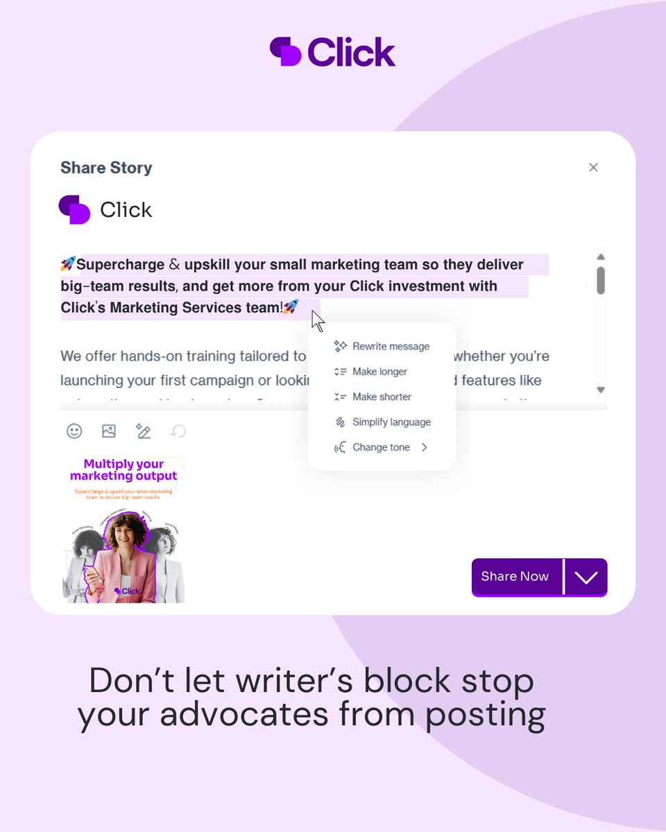 With Click Social’s Advocacy Board, your team can easily repost and rewrite key social content, helping them amplify your brand’s message with a personal touch.

clickdimensions.com/social-marketi… 

#employeeadvocacy #socialmediaAI #automatedmarketing #socialmarketing
