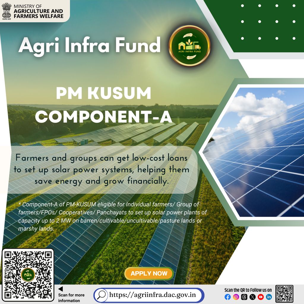 With help from @agriinfrafund and PM KUSUM-A, farmers and groups can:
✅ 3% interest subvention on loans up to ₹2 Cr for 7 yrs 
✅ Cut energy costs 
✅ Make extra income from extra power 

Apply now: agriinfra.dac.gov.in 
#SolarForFarmers #PMKUSUM #AgriInfraFund #CleanEnergy