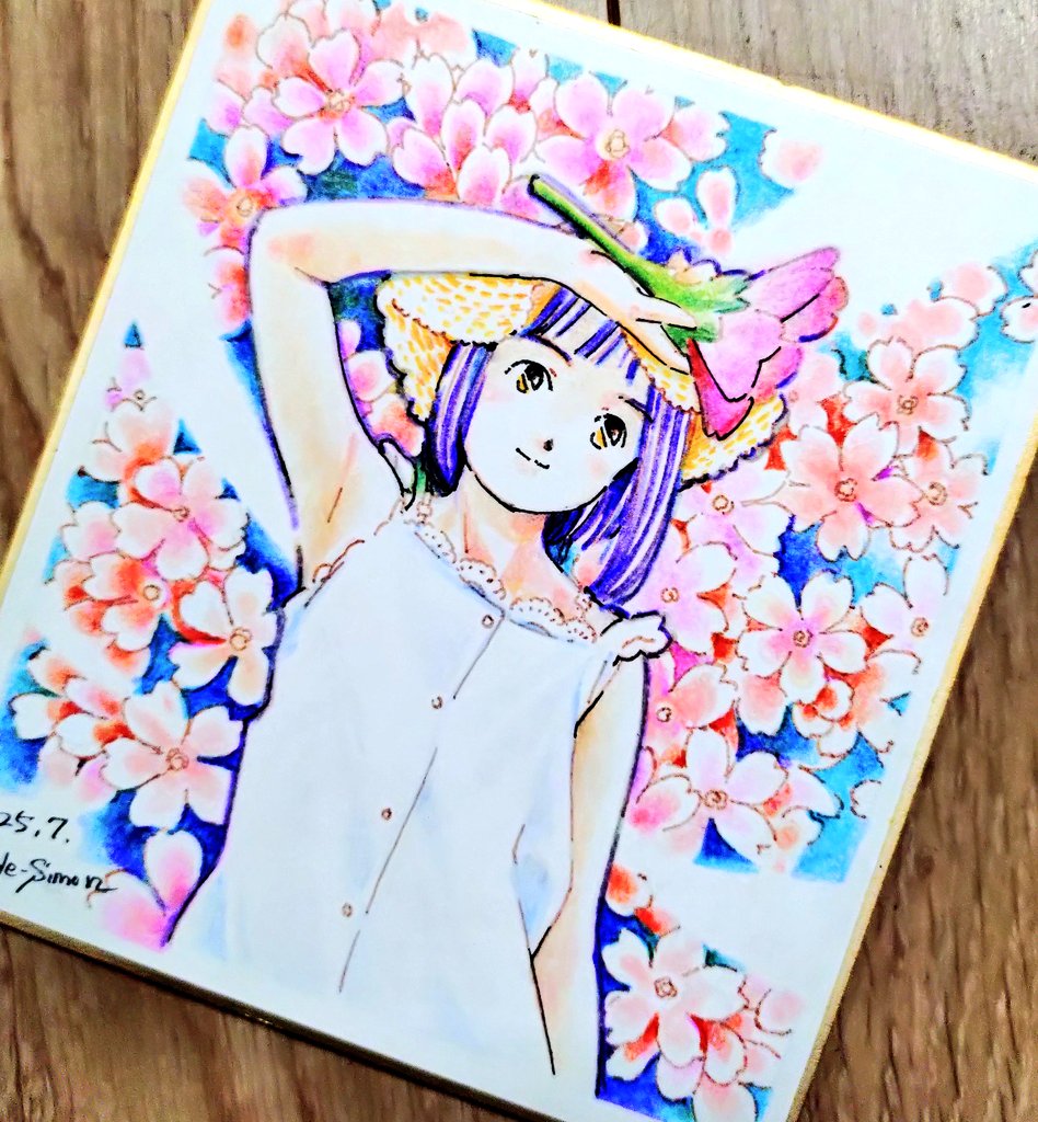 本日の１枚
「バーベナ」
ミニ色紙です。彩色は色鉛筆。
これも同人誌即売会 #気分は上々108 に持って行きます🐱🙇