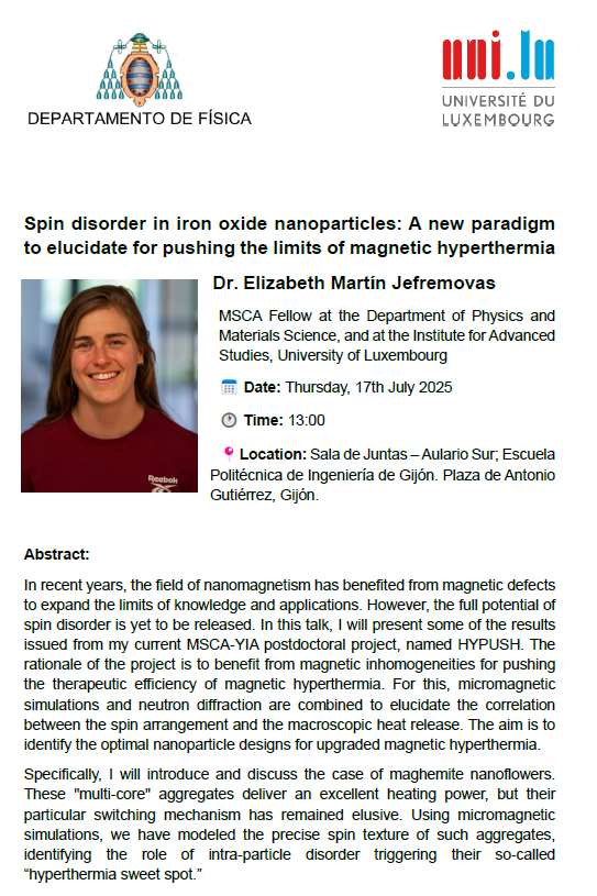 ¡No descansamos en julio! Este jueves a las 13:00h tenemos seminario de la Dra. Elizabeth Martin Jefremovas, MSCA Fellow en la Univ. Luxemburgo. Esta vez en la Escuela Politécnica de Gijón. Más info 👇