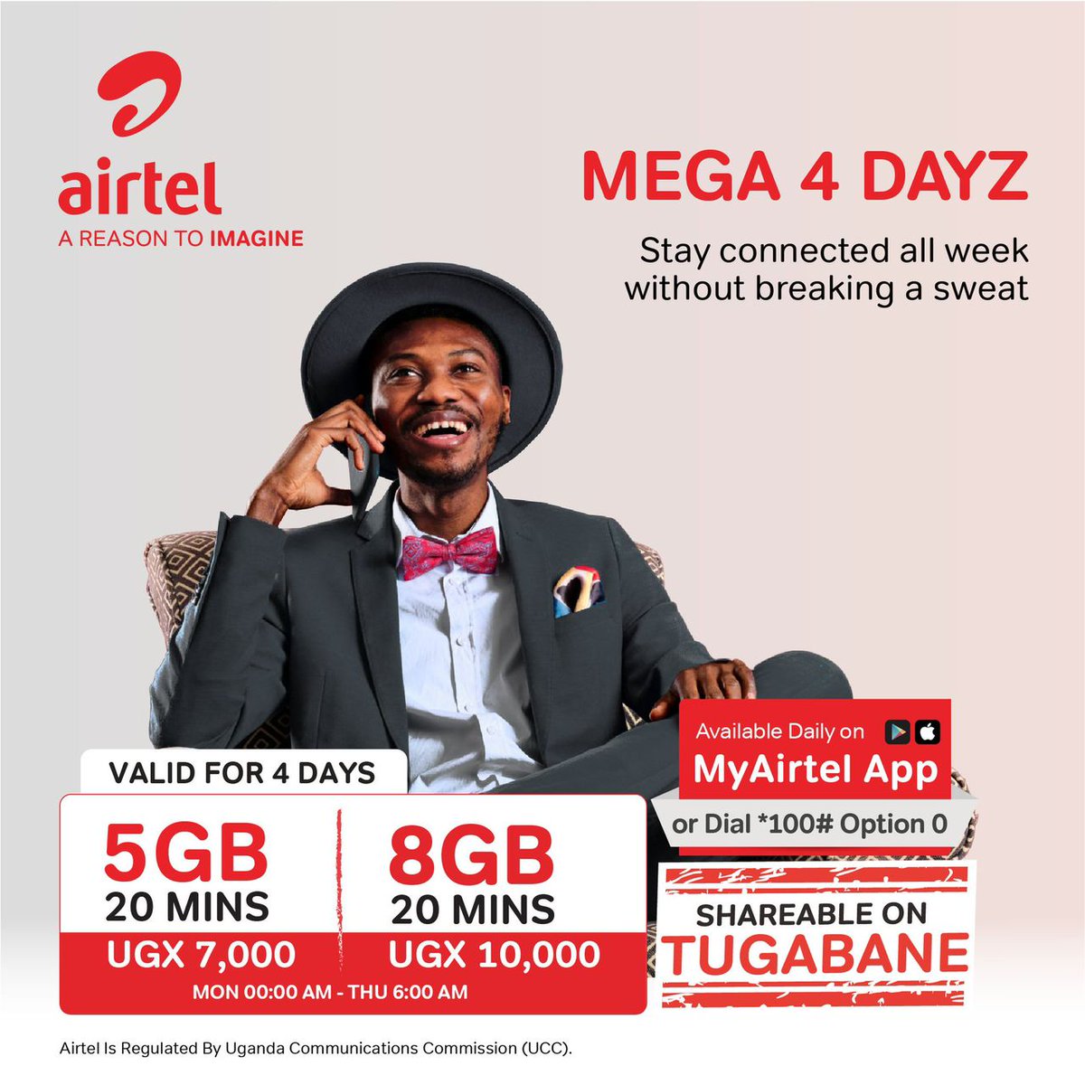 AD
New week, New opportunities Stay connected with Airtel Mega 4 Dayzz. Scroll, stream, and chat with 5GB or 8GB + 20 mins —valid for 4 days at just UGX 7K or 10K.
📲 Grab it now via MyAirtelApp or dial *100# Option 0.

#Mega4Dayzz