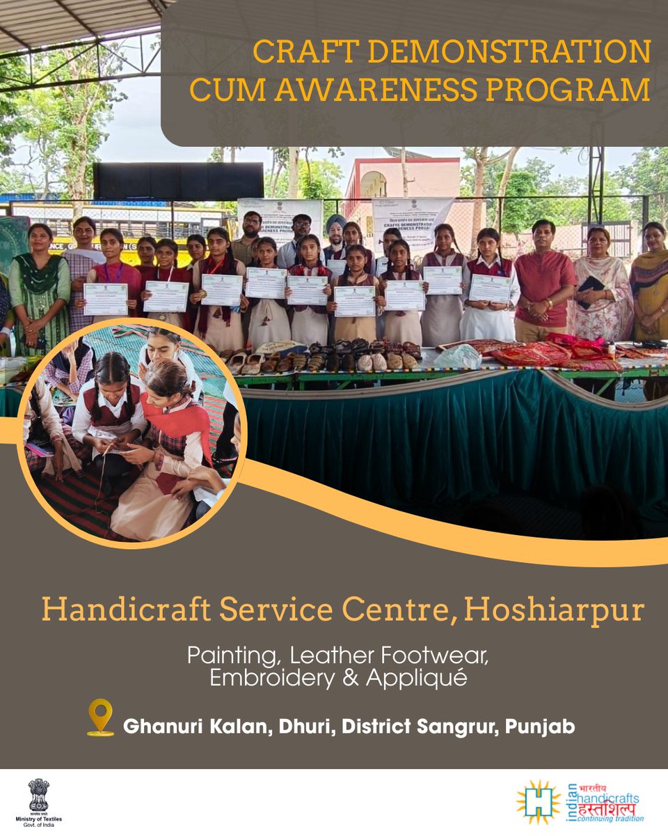 handicraftsdc's tweet image. Crafts Demonstration cum Awareness Program (CDAP) by Handicraft Service Centre Hoshiarpur, was held at Govt. School of Eminence, Ghanuri Kalan, Dhuri, Sangrur, Punjab — inspiring young minds to cherish and carry forward our rich craft heritage! #Handicrafts #CDAP #SkillIndia