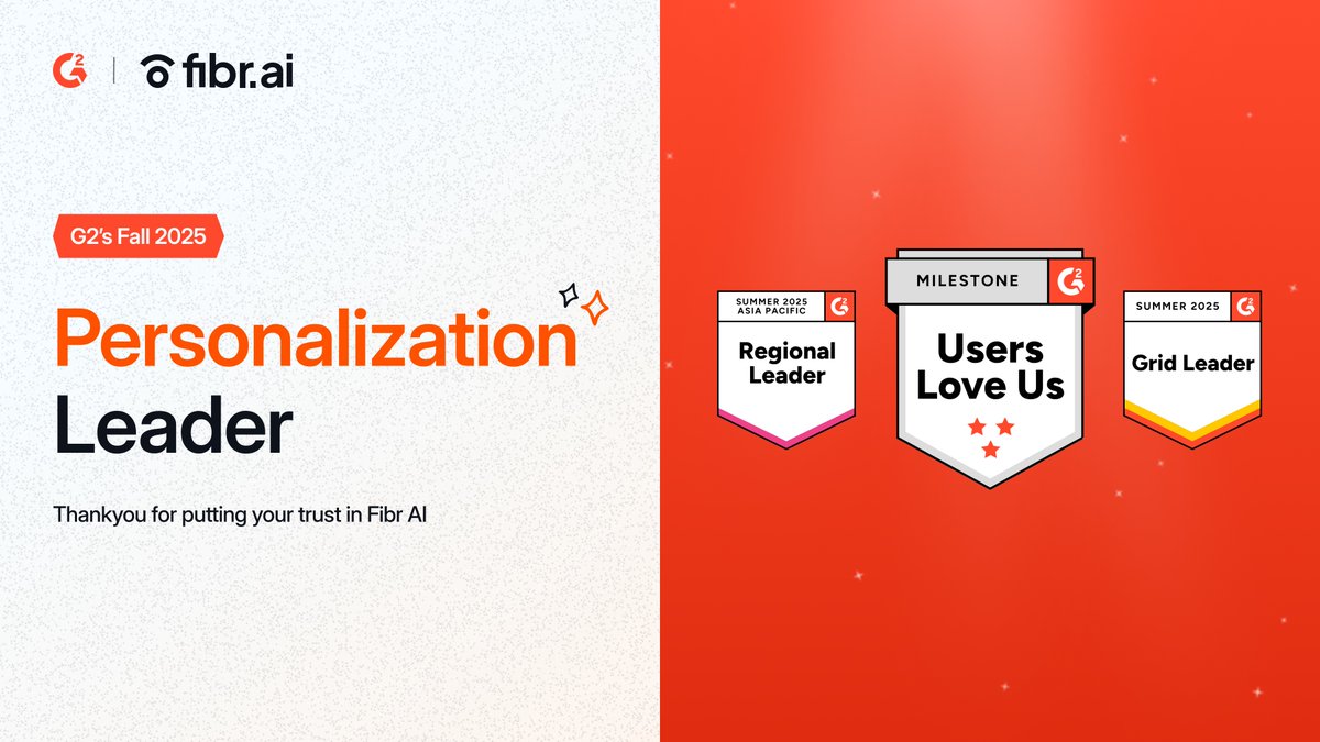 fibr_ai's tweet image. Big news!

Fibr AI has ranked as a Personalization Leader in G2&apos;s 2025 Rankings

This is a huge milestone for us, and it wouldn’t have been possible without the trust from our customers and the hard work of the entire team

#G2 #FibrAI #PersonalizationLeader #G2Review