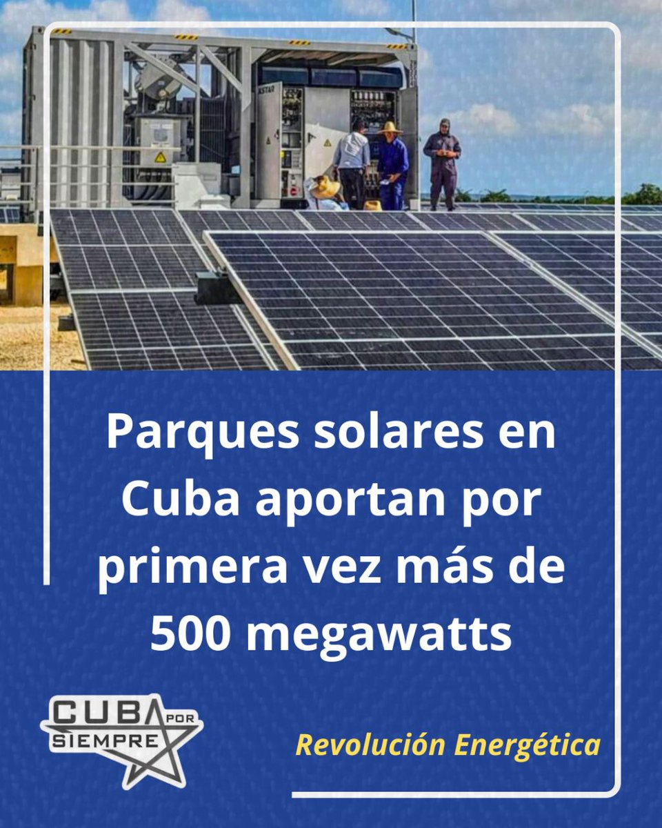 Cuba sobrepasó por primera vez los 500 MW en generación fotovoltaica el sabado 12 de julio, los 19 parques solares en funcionamiento generaron 2165 MWh, aportando 503 MW en el horario de mayor radiación, prueba del impacto que va teniendo la nueva Revolución Energética.