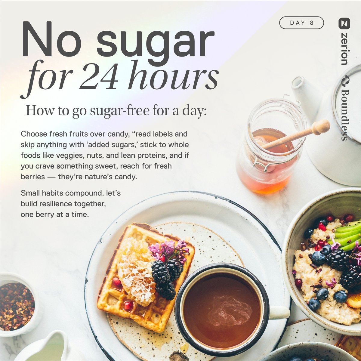 boundless_xyz's tweet image. Being boundless is about resisting the urge to give in to temptations and being rooted in perseverance.

Today, @zerion and boundless challenge you to no sugar for 24 hours.