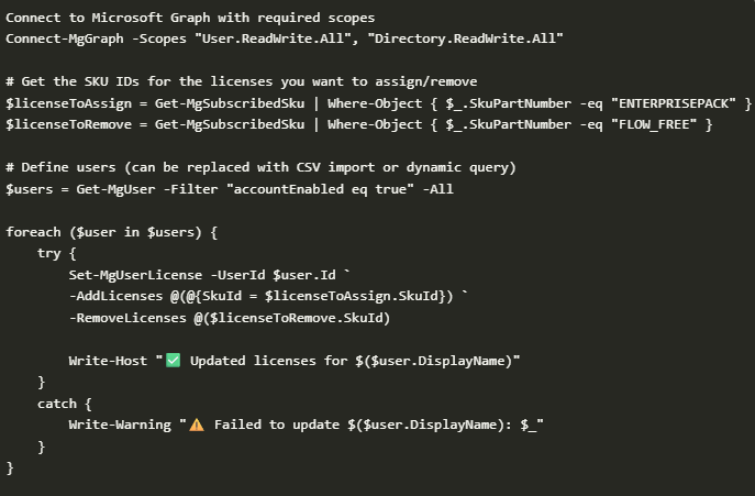 m365corner's tweet image. Manually assigning or removing licenses in Microsoft 365? 😵‍💫

Let Graph PowerShell do the heavy lifting.
Automate license management — and save yourself time (and sanity).
🛠️ How-to guide + script: m365corner.com/m365-powershel…
#Microsoft365 #PowerShell #M365Admin #Automation