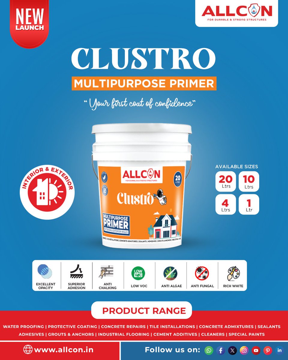 AllconD31644's tweet photo. 🚨 NEW LAUNCH ALERT! 🚨
Introducing the all-new ALLCON CLUSTRO MULTIPURPOSE PRIMER – your go-to solution for long-lasting surface protection &amp; ultimate adhesion! 🧱🎨
📦 Available Sizes: 20L, 10L, 4L, 1L
📞 Call Now: +91 7204924343
🔗 Learn More: https://t.co/oOnRpZcQvw https://t.co/9UwxY8kJ75