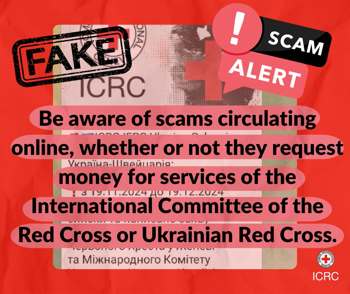 ICRC_ua's tweet image. Warning. We are aware of scams where people pretend to be us.
Always check that you are receiving information from official ICRC and @RedCrossUkraine channels.
We will never ask for money. All our services are free.
If in doubt, call us on 0800 300 155 (toll free) to check.