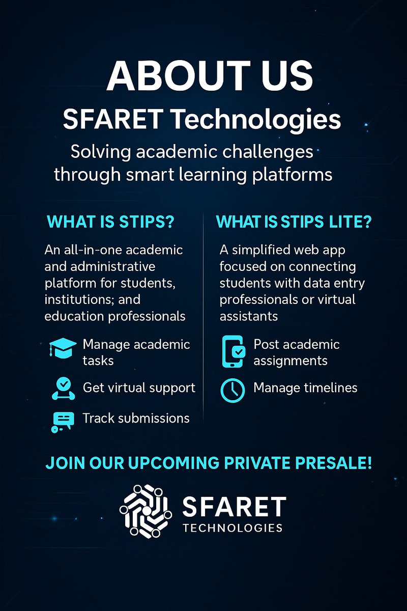 SfaretTech's tweet image. 👥 Join the Movement
SFARET Technologies is not just building a product; we’re building a community of learners, educators, and innovators ready to change the narrative.

STIPS and STIPS Lite were built for you.