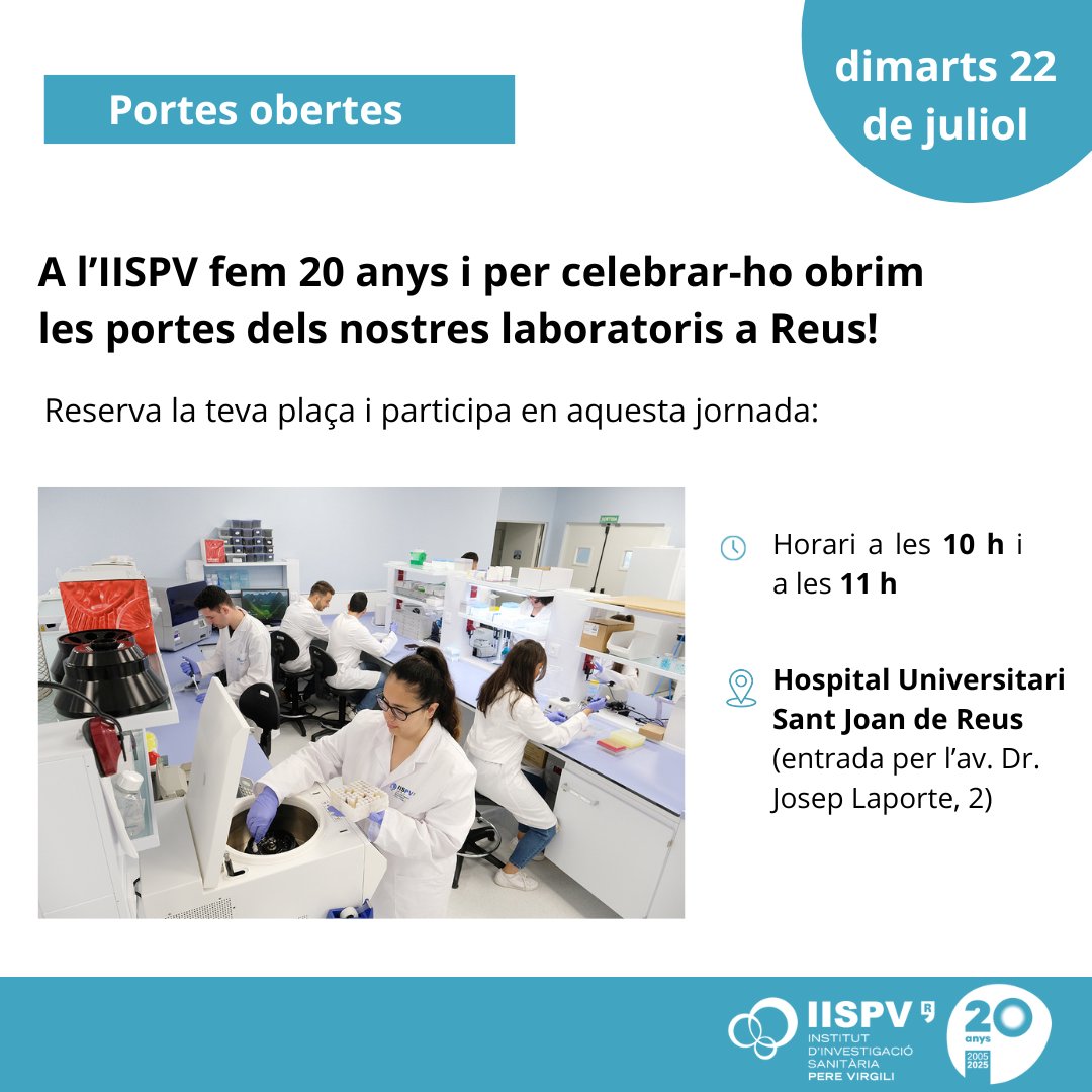 IISPereVirgili's tweet image. 🎉 Celebrem 20 anys d’investigació biomèdica! El 22 de juliol, l’#IISPV obre les portes dels laboratoris que té a @HospitalReus 🧪
Tria el teu horari i inscriu-te! 👉 bit.ly/4kqzkoh
#IISPV20anys