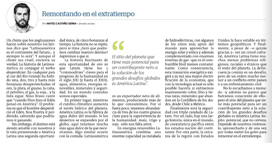 matecastano's tweet image. Latam es experta desaprovechando bonanzas. Pero el destino está siendo amable con nosotros y poniéndonos en bandeja de plata otra mega-oportunidad para el siglo XXI.
Sobre el enorme potencial que tiene América Latina, escribí mi columna esta semana en @elcolombiano.