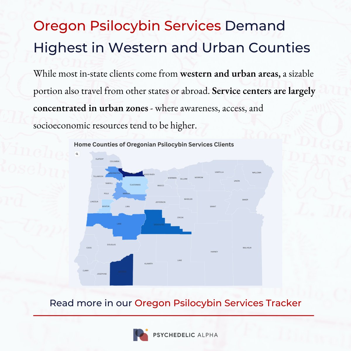 Psyched_Alpha's tweet image. Oregon Psilocybin Services Demand Highest in Western and Urban Counties
Service centers are largely concentrated in urban zones - where awareness, access, and socioeconomic resources tend to be higher.
Explore: psychedelicalpha.com/news/oregon-ps…
