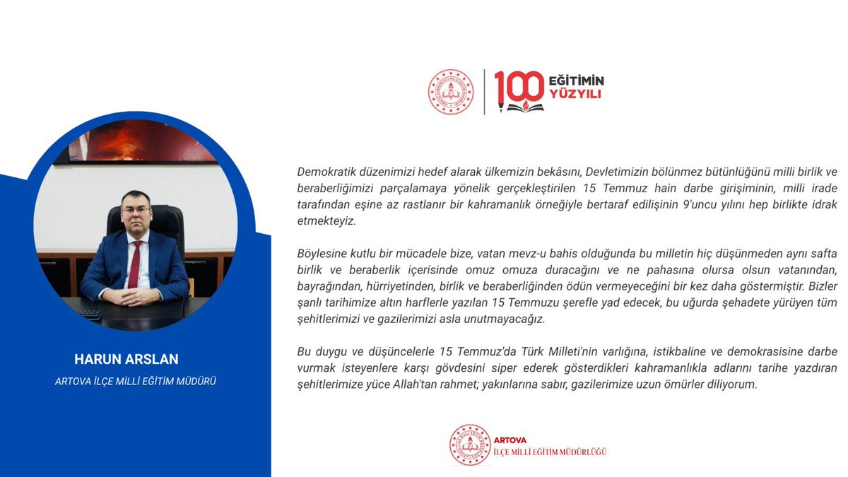 İlçe Milli Eğitim Müdürümüz Sayın Harun Arslan, #15Temmuz Şehitleri Anma, Demokrasi ve Milli Birlik Günü dolayısıyla mesaj yayımladı.

meb.ai/Oi4cQE

❝Milletimiz; vatanına, bayrağına ve birliğine yapılan bu büyük ihaneti unutmayacak ve affetmeyecektir.❞

<a href="/arslanharun/">harun arslan</a>