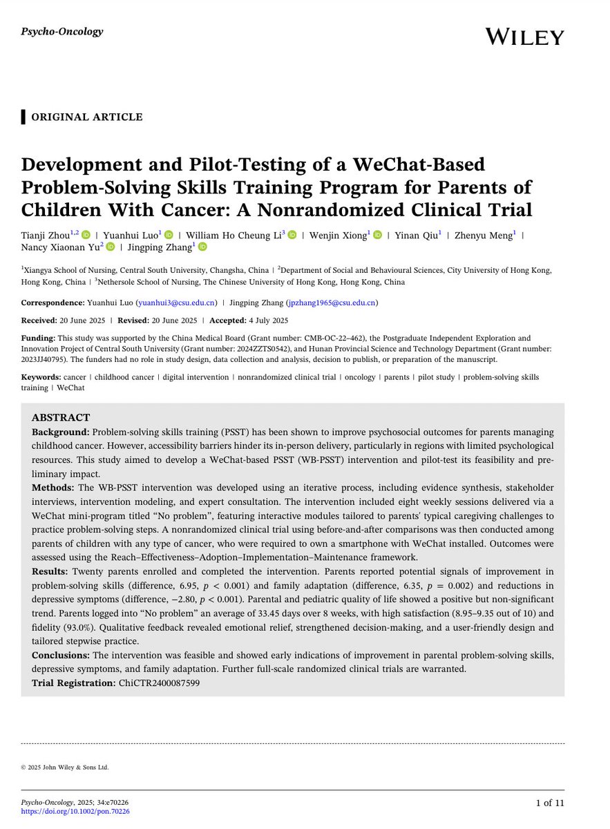 PsyOnc's tweet image. 📱 Can a WeChat-based tool support parents of kids w cancer? @PsyOnc
🧠 The “No problem” mini-program delivered 8 weeks of problem-solving skills training
✅ High satisfaction & engagement
⬆️ Improved coping & family adaptation
⬇️ Parental depression
onlinelibrary.wiley.com/doi/10.1002/po…
