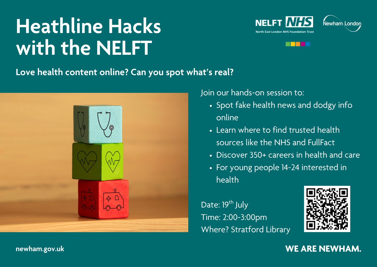 NewhamLibraries's tweet image. Into health & social media? Join Healthline Hacks with @NELFT – a free, hands-on session for 14–24s!
📍 Stratford Library
🗓️ 19 July | 🕑 2–3 PM
✅ Spot fake health news
✅ Find trusted sources
✅ Explore 350+ health careers
Book here: newham.events.mylibrary.digital/event?id=231873
