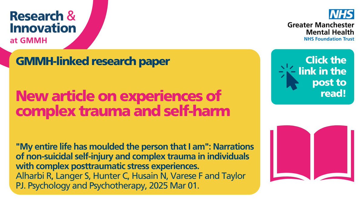GMMHResearch's tweet image. 📣 New research paper alert! 📣"My entire life has moulded the person that I am": Narrations of non-suicidal self-injury and #ComplexTrauma in individuals with complex posttraumatic stress experiences. Read the article here: buff.ly/jUrG5I0
#MentalHealthResearch #SelfHarm