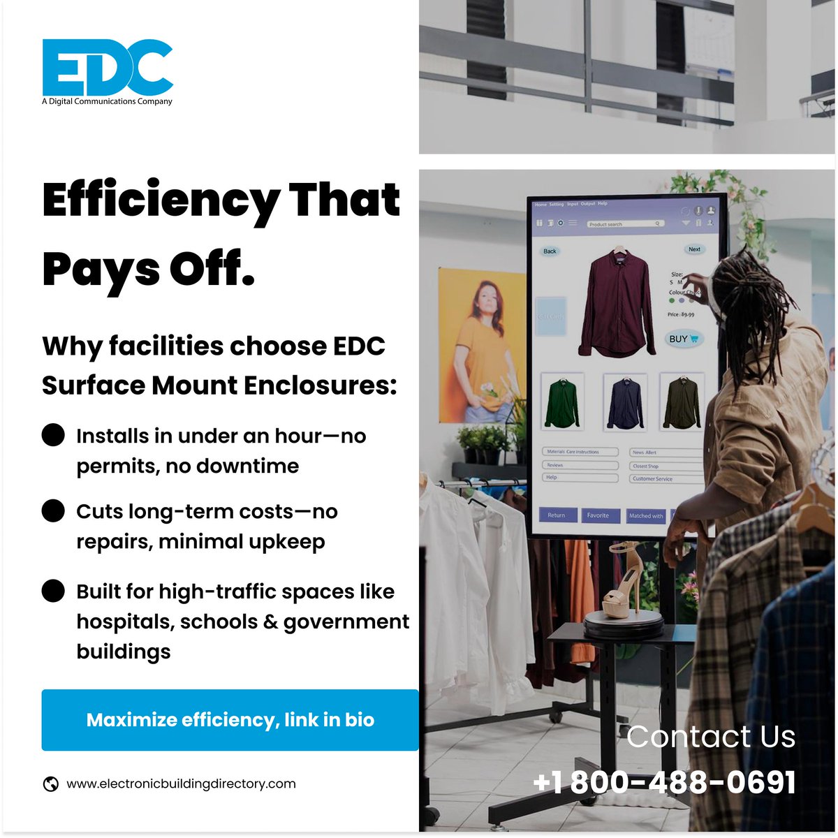 marketingedc35's tweet image. Smart signage, zero hassle. EDC Surface Mount Enclosures install in under an hour—no renovations, no surprises. Built for speed, savings, and durability.

📲 Tap the link in bio to upgrade your facility.

#SurfaceMountDisplay #EfficiencyInDesign #QuickInstall #MinimalDowntime