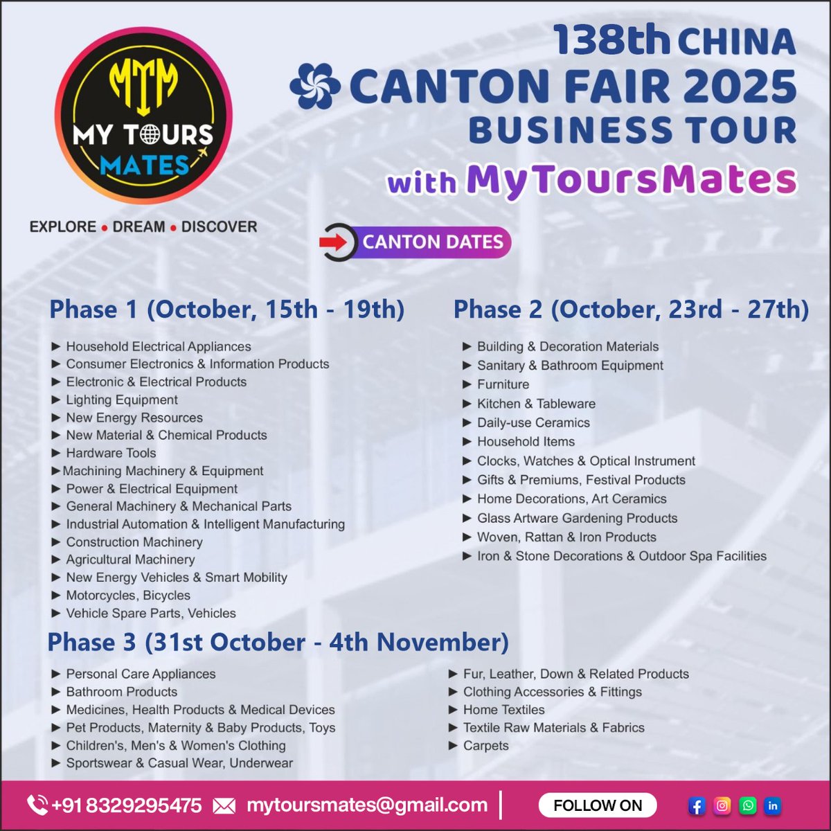 mytoursmates's tweet image. 🌏 Ready to take your business global? Join the 138th Canton Fair 2025 with MyToursMates! 💼 
 #ExportImport #BusinessTrip #TravelToChina #InternationalBusiness #B2BTour #MTMBusinessTour #BusinessExpansion #TravelForTrade #China2025 #BusinessGoals #TourWithMTM
