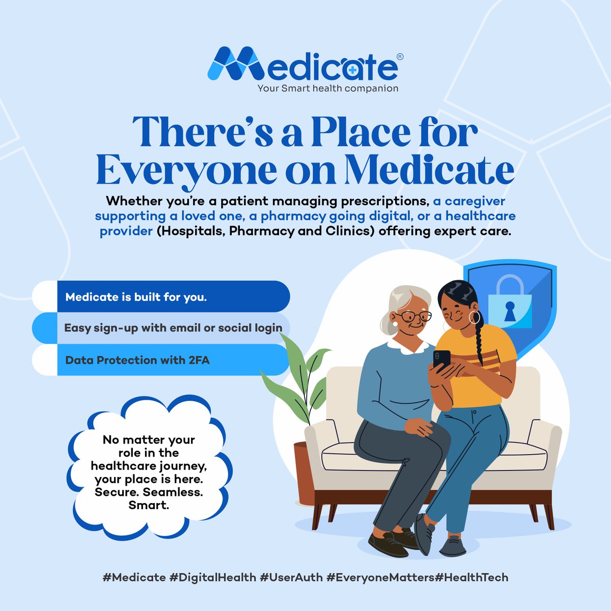 Medicate_health's tweet image. 🔐There’s a place for everyone on Medicate.
Everyday Users. Caregivers. Pharmacies. Doctors.

From signup to login, we’ve made it:
✅Simple - with email or social login
✅ Secure - with OTP &amp;amp; MFA

No matter your role, your healthcare journey starts here.
 #Medicate #HealthTech