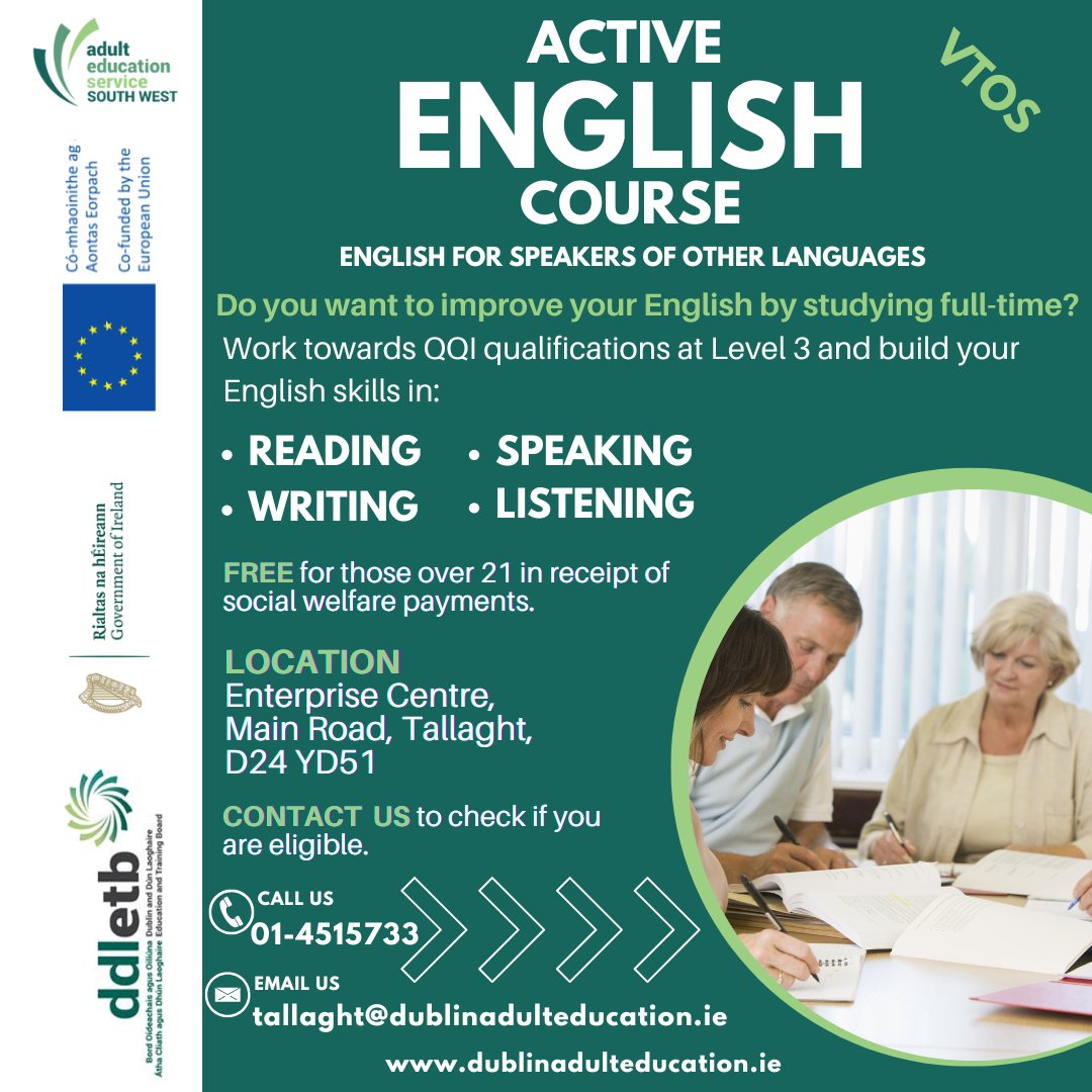 Are you interested in studying English full-time in Tallaght?  For more information and to apply go to fetchcourses.ie and enter 463810 in keyword search. An A2 level of English is required.
#dublinadulteducation