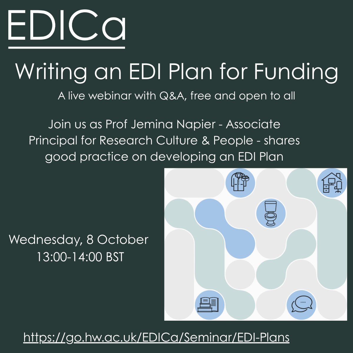 edi_caucus's tweet image. Increasingly funders require submission of EDI plans to accompany funding applications. What makes a good EDI plan?
Join us on 8 October 13:00-14:00 as EDICa's Prof Jemina Napier shares good practice. Find out more here: go.hw.ac.uk/EDICa/Seminar/…
