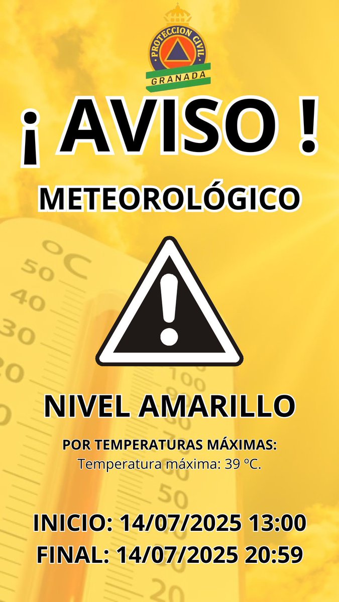 🌞 Iniciamos semana con aviso amarillo por altas temperaturas 🟡🥵

Recuerda:

💧 Mantente bien hidratado 🚰
👴👦 Vigila a las personas mayores y a los peques. 
👕 Usa ropa ligera y de colores claros👒
🔥 Evita hacer deporte en las horas centrales del día 🤾🏀
🐶 Asegúrate de que