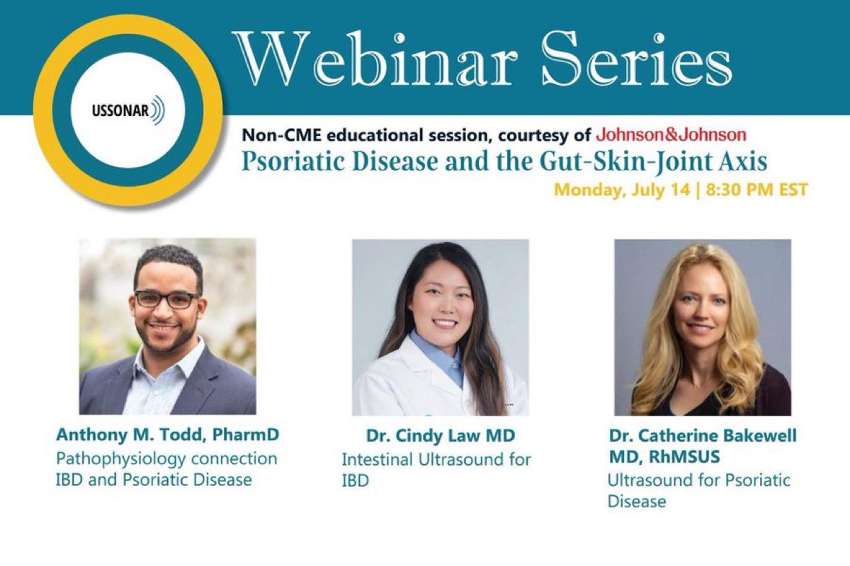 USSONAR_Rh's tweet image. Reminder TONIGHT!
Psoriatic Disease and the Gut-Skin-Joint Axis. Supported by Johnson & Johnson (non-CME)
TONIGHT, July 14, 8:30 PM EST
Register here: shorturl.at/GRuKz
#USSONAR #WebinarSeries #PsoriaticDisease #IBD #Ultrasound #Meded #Rheumatology #Gastroenterology