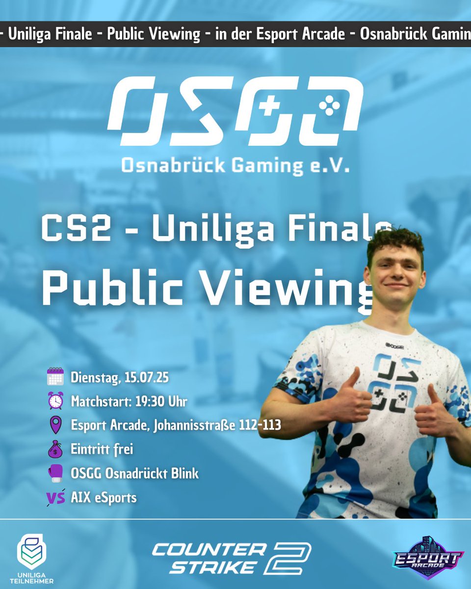 💥 #Uniliga FINALE 📢

Unsere Drücker stehen erneut gegen Aachen im Finale der #CS2 <a href="/uniligaGG/">Uniliga</a> und wir laden morgen - am Dienstag den 15.07. - zum Public Viewing ein! ☝🏻

🛎️ Matchstart: 19:30 Uhr (BO5)
🥊 #OSGG #Osnadrückt Blink
🆚 <a href="/AIXeSports/">AIX eSports</a>
📍 in der <a href="/EsportArcadeDE/">EsportArcade</a>
💰 Umsonst