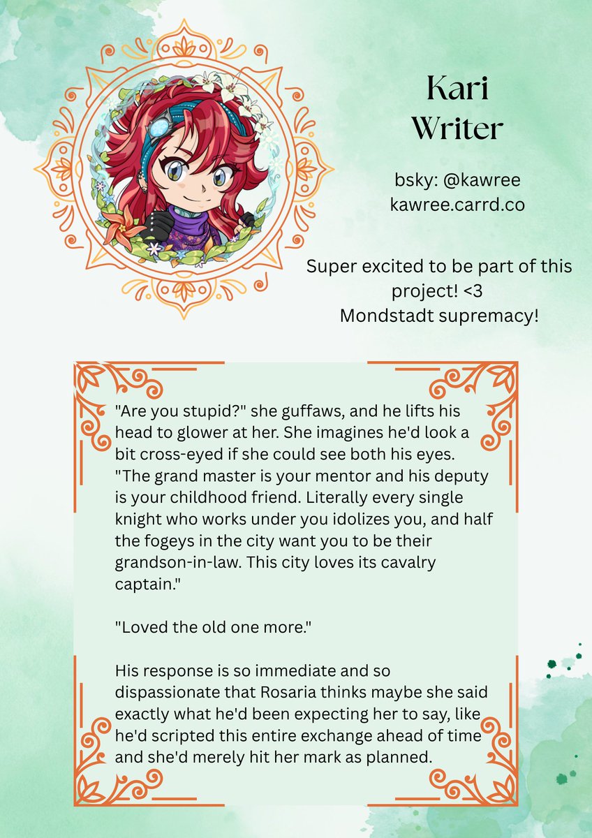 Kaeya enthusiast and author extraordinaire, please welcome our first writer, Kari!
