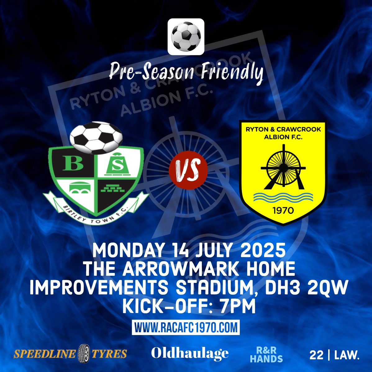 RYTON & CRAWCROOK ALBION FC (@racafc1970) on Twitter photo We visit <a href="/BirtleyTFC/">Birtley Town FC</a> in our latest pre-season friendly tonight.
Kick off is at 7pm and it’s a FREE entry!
#RACA🔵⚫️ We visit <a href="/BirtleyTFC/">Birtley Town FC</a> in our latest pre-season friendly tonight.
Kick off is at 7pm and it’s a FREE entry!
#RACA🔵⚫️