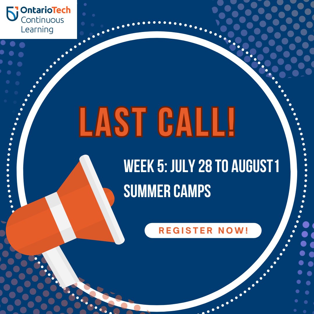 OT_summercamps's tweet photo. LAST CALL! Don't miss out on Week 5: July 28 to August 1 camper registrations at Ontario Tech's 2025 Summer Camps. Secure your spot today! Register to at: https://t.co/WndWLl9AJN
#summercamps #ontariotech #ontariotechuniversity #sciencecamp #engineeringcamp #stemcamp https://t.co/XFAPevWBXP