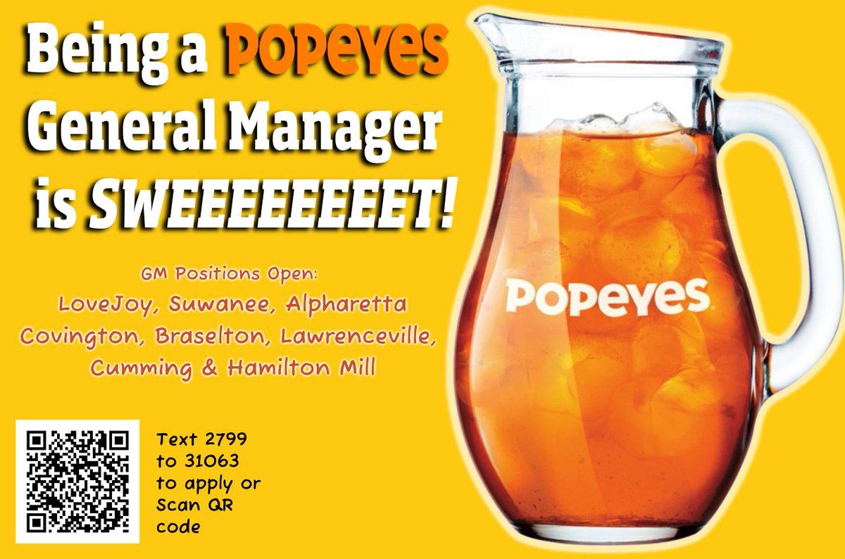 FunkyChickenATL's tweet image. 📣 Popeyes - Now Hiring: General Managers – Multiple GA Locations! #LovejoyGA #SuwaneeGA #AlpharettaGA #CovingtonGA #BraseltonGA #LawrencevilleGA #CummingGA #HamiltonMillGA