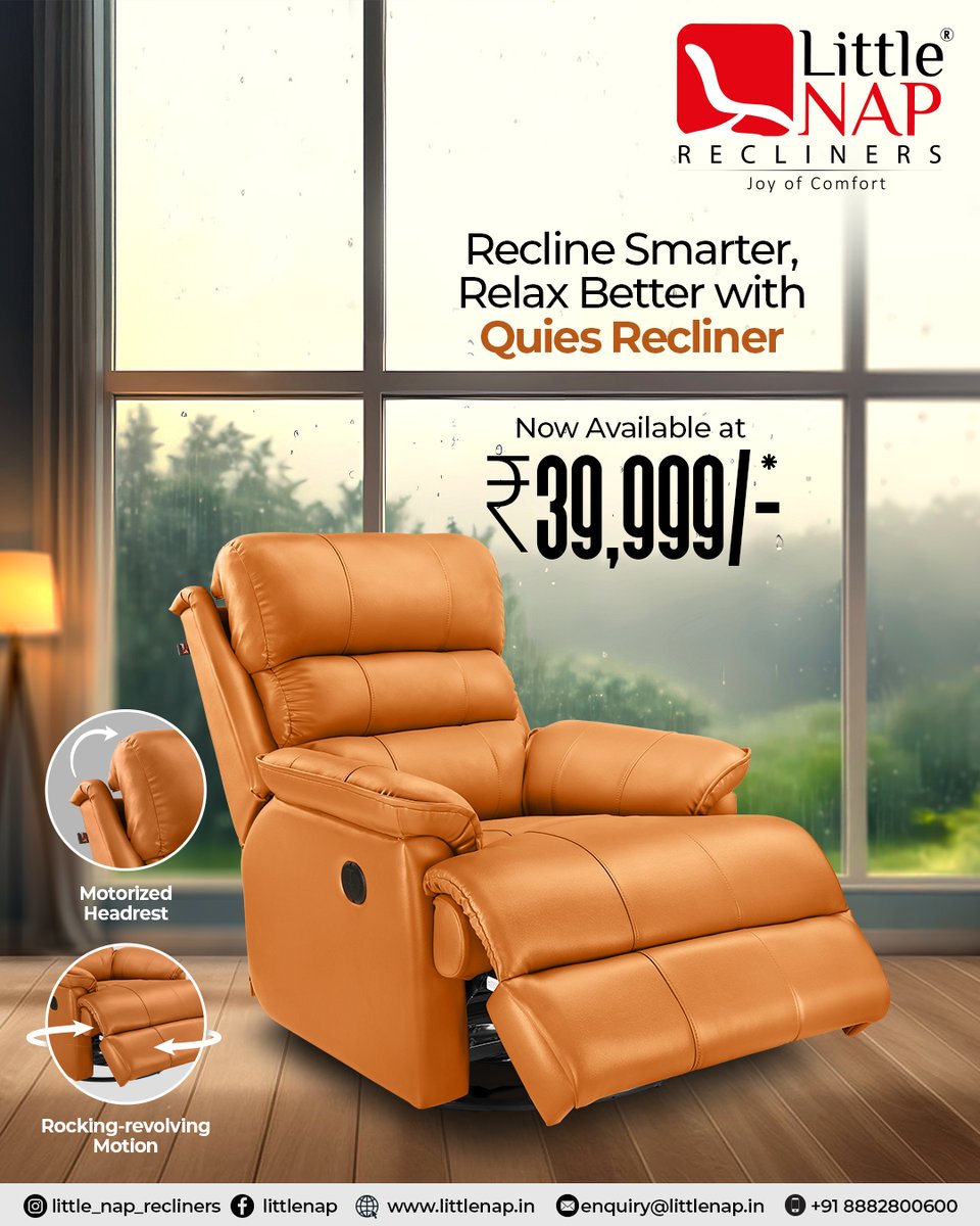 LittleNap1's tweet photo. The Quies Recliner isn’t just about sitting, it’s about upgrading your comfort. With a headrest and smooth swivel-glider motion, it’s designed to adjust to you.

Visit our store today to bring this comfort throne home.

Make it yours today for just ₹39,999/-

#LivingRoomGoals https://t.co/8lu8yGnuyI