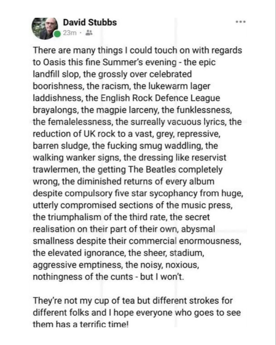 This summary of Oasis and their fanbase needs to be hung in a museum.

Someone buy David Stubbs a pint 🍺