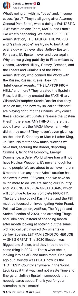 kgpnet's tweet image. Trump posted a long, incoherent “Truth,” claiming that the Epstein files were written by Obama, Hillary, and Biden—so they won’t be released.
#List #Trump