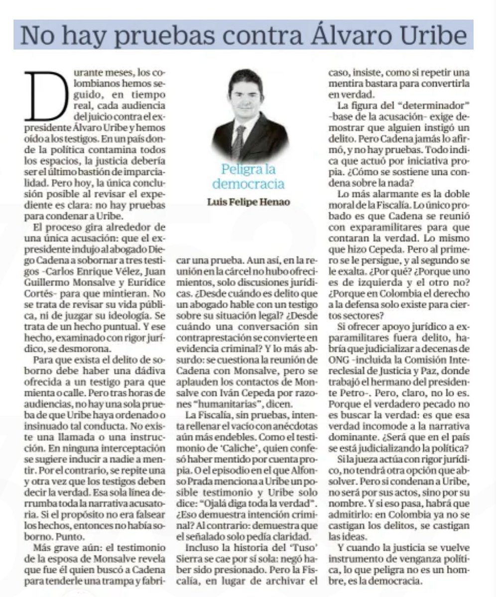Si la jueza actúa con rigor jurídico, no tendrá otra opción que absolver.

hoy, la única conclusión posible al revisar el expediente es clara: 𝐍𝐨 𝐡𝐚𝐲 𝐩𝐫𝐮𝐞𝐛𝐚𝐬 𝐩𝐚𝐫𝐚 𝐜𝐨𝐧𝐝𝐞𝐧𝐚𝐫 𝐚 𝐔𝐫𝐢𝐛𝐞.

eltiempo.com/opinion/column…