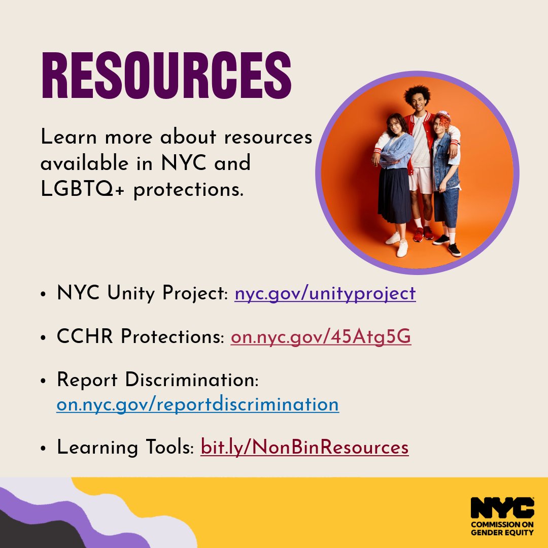 ✨July 14-20 is #NonbinaryAwarenessWeek &amp; July 14 is #InternationalNonbinaryPeoplesDay. 

⚡How will you support the nonbinary community? 

💻nyc.gov/unityproject
⚖ on.nyc.gov/45Atg5G
📺bit.ly/LGBTQHiddenVoi…
📚bit.ly/NonBinResources

#Nonbinary #LGBTQ #GenderEquity