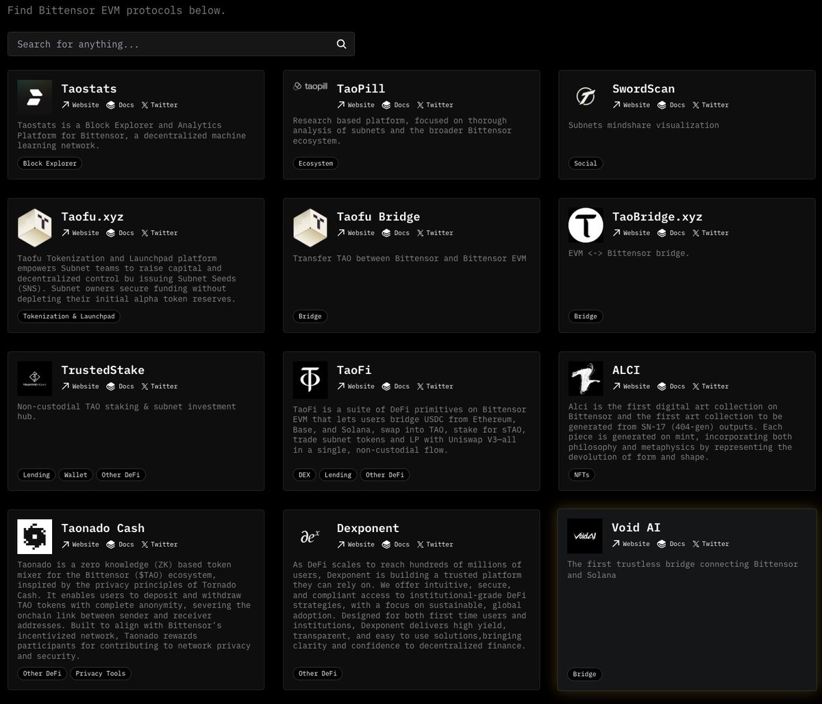0xDutchmikel's tweet image. >10 protocols have now been listed on the @TensorEcosystem page.
If you're building on Bittensor (EVM or Subnet application layers) reach out to the team to get listed or add your project on the UI.
evm.taofu.xyz