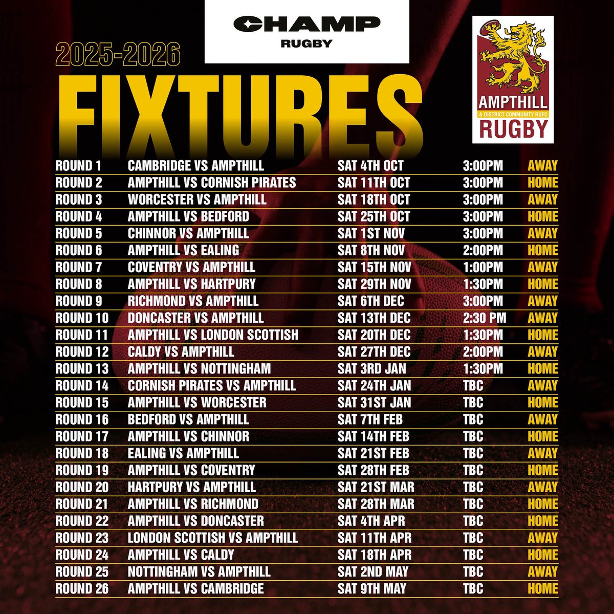 Ampthill Rugby (@ampthillrufc) on Twitter photo ๐ฝ๐ฆ๐๐ ๐ฝ๐๐ฉ๐ฅ๐ฆ๐ฃ๐๐ค
For those of you looking to plan your away trips for the next season we can now confirm our full fixture schedule ๐
๐ Kick-Off times beyond 3rd Jan not confirmed yet
๐๏ธ Season Ticket available now via @ticketco
#Ampthill #TheMob #ChampRugby ๐ฝ๐ฆ๐๐ ๐ฝ๐๐ฉ๐ฅ๐ฆ๐ฃ๐๐ค
For those of you looking to plan your away trips for the next season we can now confirm our full fixture schedule ๐
๐ Kick-Off times beyond 3rd Jan not confirmed yet
๐๏ธ Season Ticket available now via @ticketco
#Ampthill #TheMob #ChampRugby