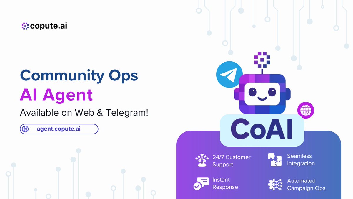 Copute.ai (@coputeai) on Twitter photo Leveraging #ICP, our Community Management AI Agent #CoAI is an Informational Agent designed to boost efficiency in customer support, community & campaign ops while bringing much-needed transparency and accessibility in information to Web3 users. 
CoAI is available via web and on Leveraging #ICP, our Community Management AI Agent #CoAI is an Informational Agent designed to boost efficiency in customer support, community & campaign ops while bringing much-needed transparency and accessibility in information to Web3 users. 
CoAI is available via web and on