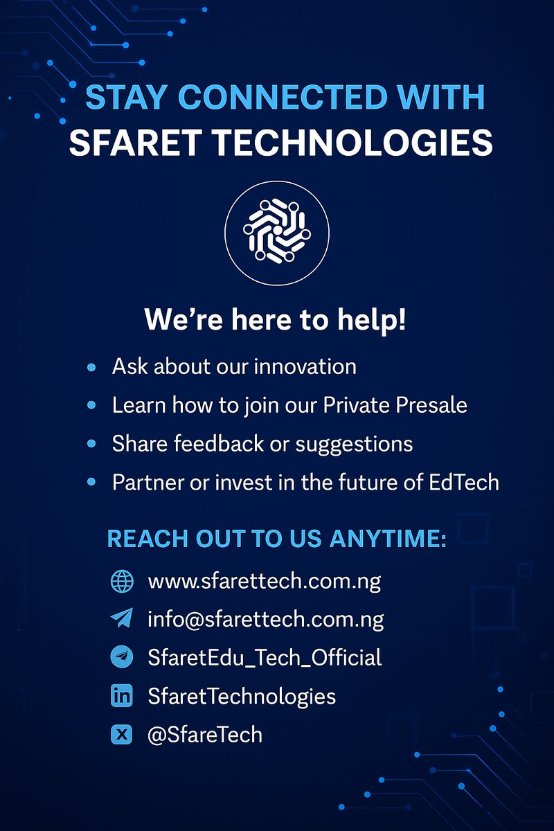 SfaretTech's tweet image. 📩 Stay Connected with SFARET Technologies
Your journey with us doesn’t end here it’s just beginning.
 Whether you have questions, want to collaborate, or need updates on STIPs and our presale:

Let’s build the future of education together. 🌍✨