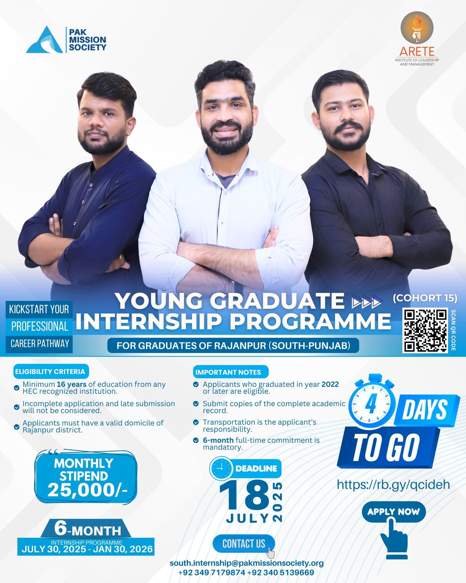 Pak Mission Society (@pmspakistan) on Twitter photo Only 4 Days Left!
Calling all Graduates from Rajanpur!
Apply Now: rb.gy/qcideh
Deadline: 18th July 2025
For more info:
south.internship@pakmissionsociety.org
+92 349 7179874 | +92 340 5139669 Only 4 Days Left!
Calling all Graduates from Rajanpur!
Apply Now: rb.gy/qcideh
Deadline: 18th July 2025
For more info:
south.internship@pakmissionsociety.org
+92 349 7179874 | +92 340 5139669