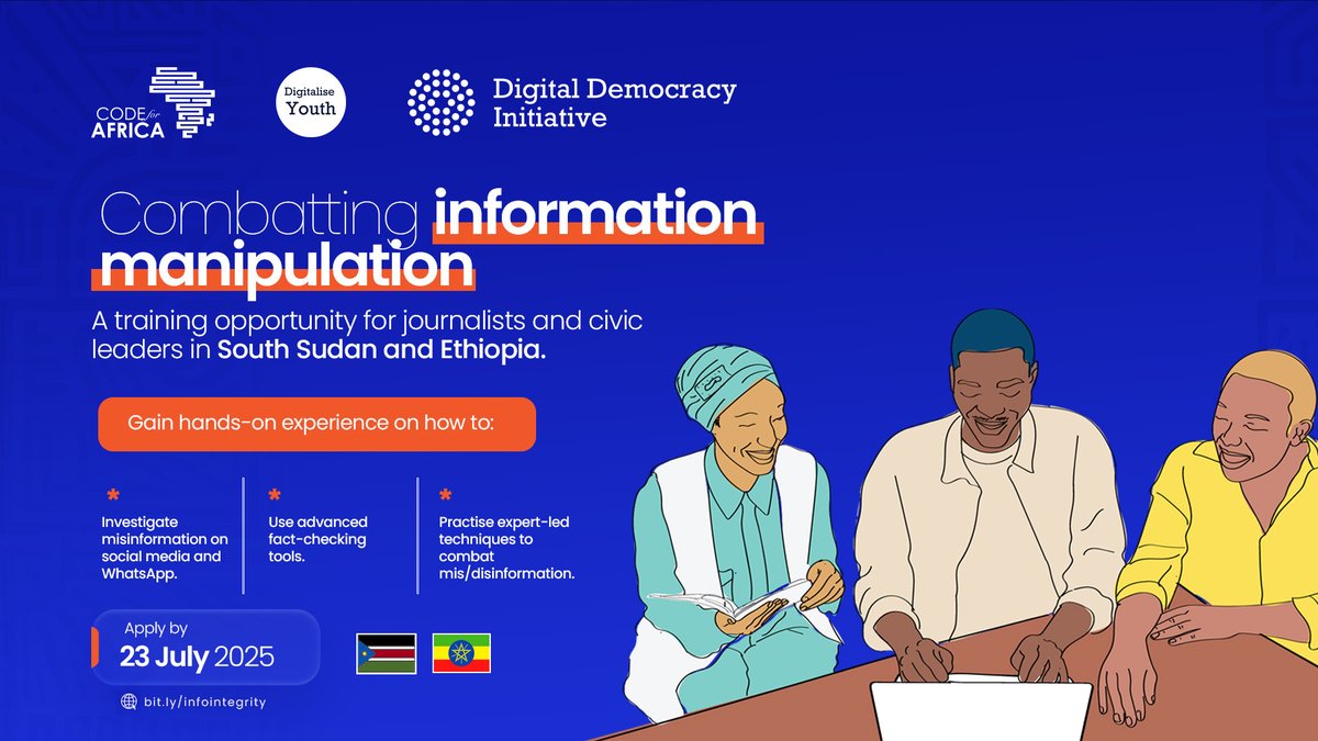 Code4Africa's tweet image. Calling all journalists and civic leaders in South Sudan + Ethiopia.
Gain practical fact-checking across content types with expert-led training.
📆 23 July
🔗 bit.ly/4kGxBLQ
⚡Powered by Digital Democracy Initiative