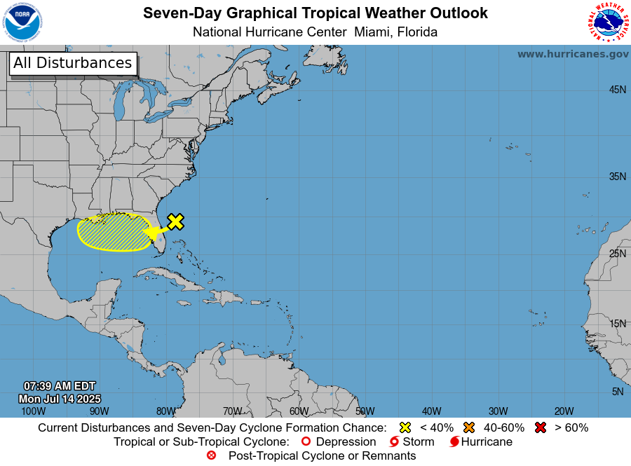 NHC_Atlantic's tweet image. July 14 8AM EDT: An area of low pressure located offshore the east coast of Florida is producing disorganized showers and thunderstorms this morning. This disturbance is forecast to move westward across Florida during the next day or so, and into the northeastern Gulf by late…