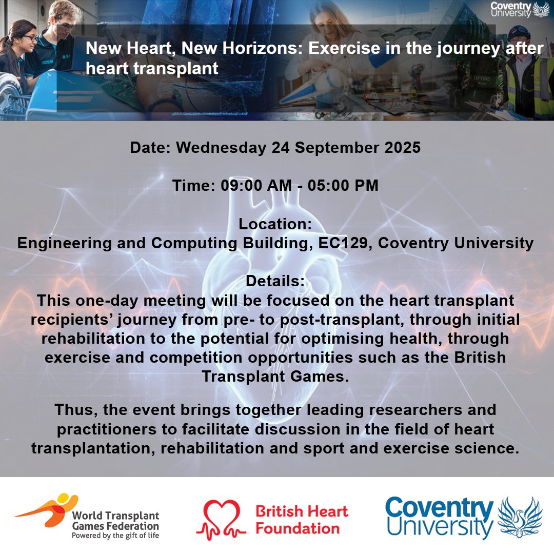WTGF is proud to support New Heart, New Horizons 🫀
 A one-day event on 24 Sept 2025 at Coventry University exploring rehab, exercise &amp; sport after heart transplant.

🎯 For professionals, students &amp; recipients
 🔗 Register: bit.ly/450YyFk  

#WTGF