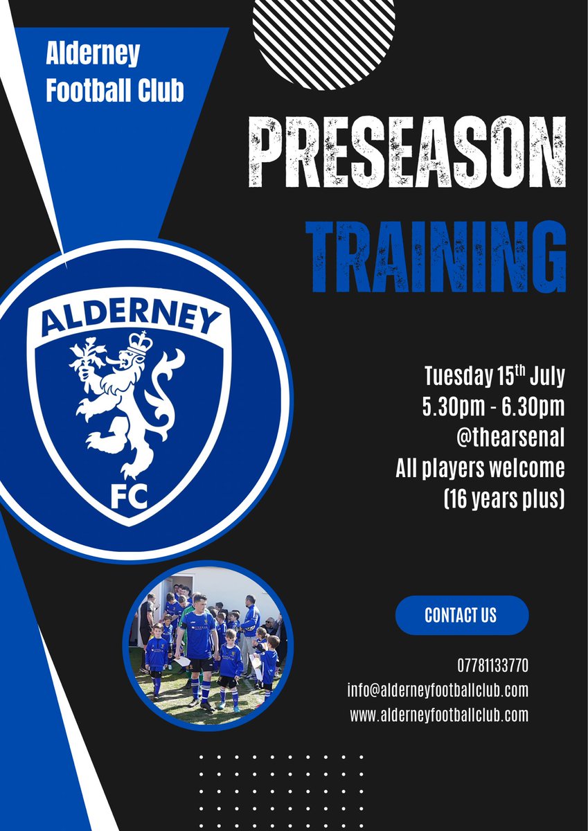 AlderneyFC's tweet image. Men’s Preseason Training
Tuesday 15th July
5.30pm - 6.30pm
@ The Arsenal
All players welcome from 16 years plus