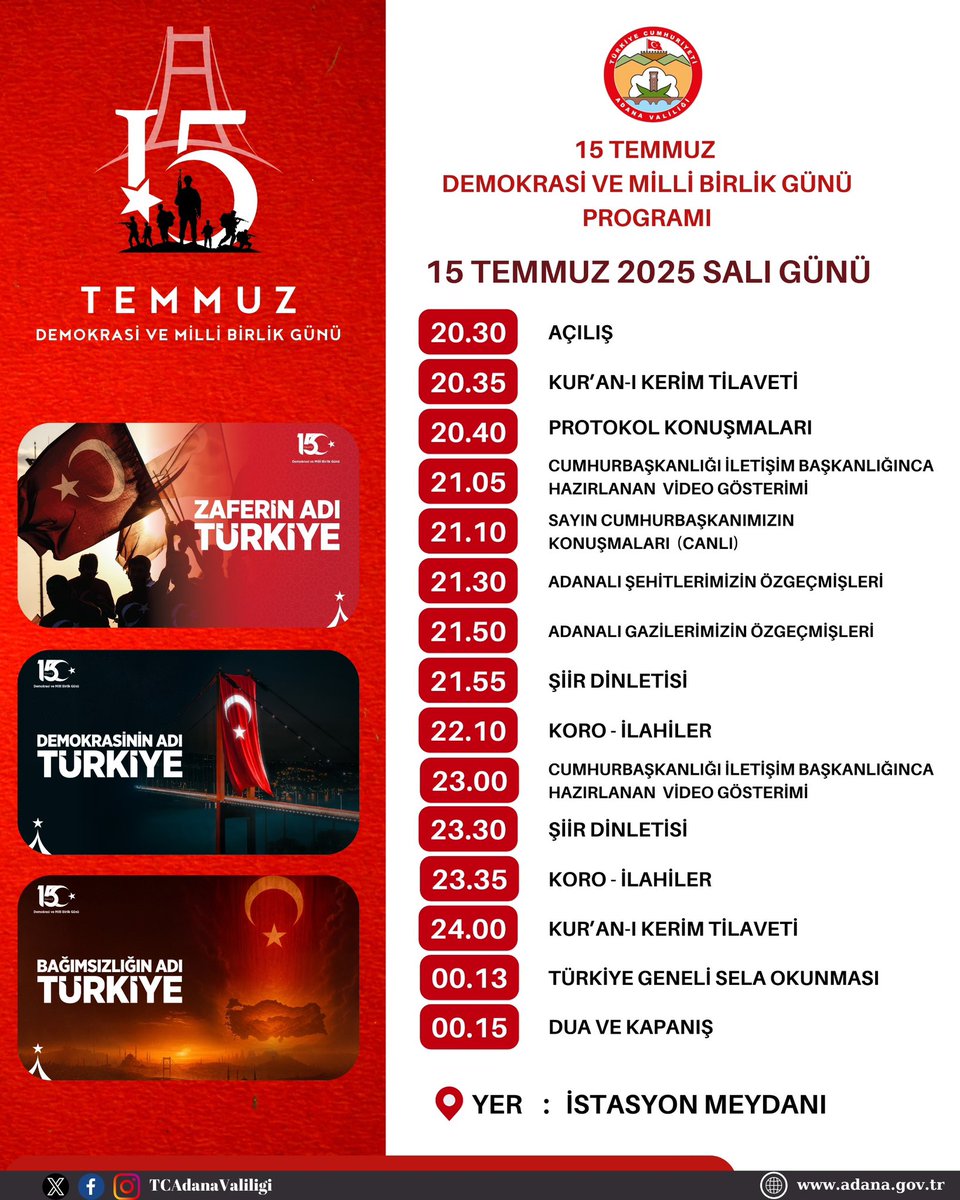 #15Temmuz, milletimizin iradesine vurulmak istenen zincirleri kırdığı; milli iradesine, kutsal değerlerine, birlik ve beraberliğine sahip çıktığı şanlı bir zaferdir.

Bu şanlı zaferin yıl dönümünde tüm hemşehrilerimizi İstasyon Meydanında görmekten onur duyacağız. 🇹🇷